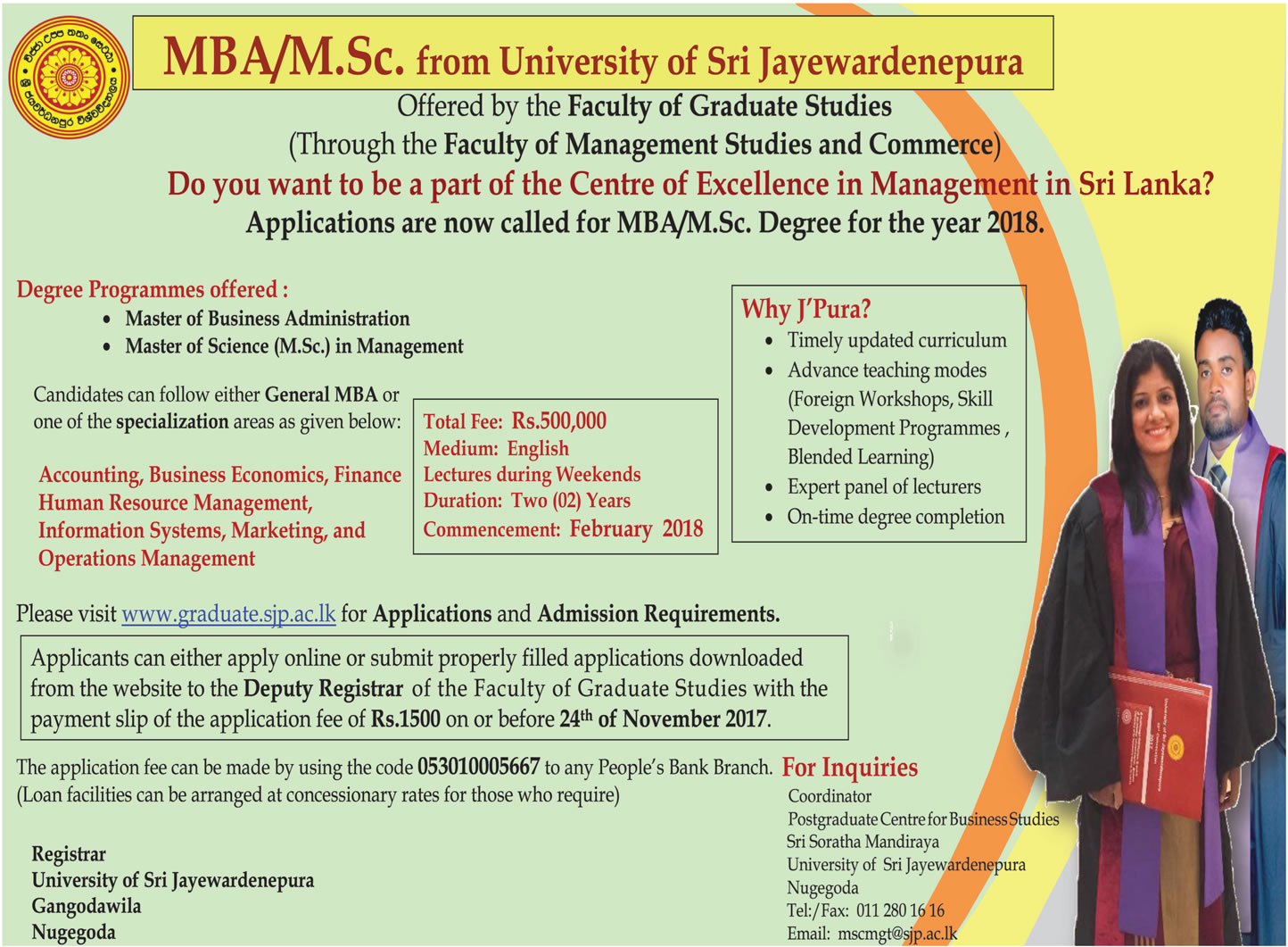 MBA / M.Sc. in Management - Faculty of Graduate Studies - University of Sri Jayewardenepura